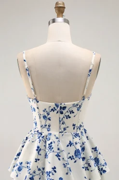 Floral Azul Uma Linha Tiered Ruffled Long Prom Dress com Fenda