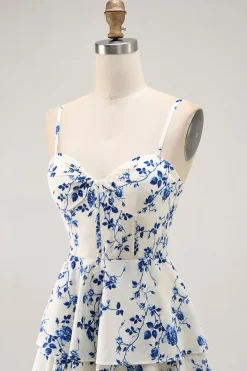 Floral Azul Uma Linha Tiered Ruffled Long Prom Dress com Fenda