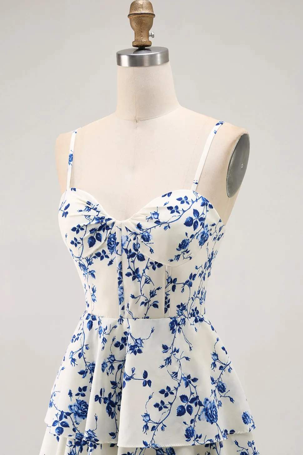 Floral Azul Uma Linha Tiered Ruffled Long Prom Dress com Fenda