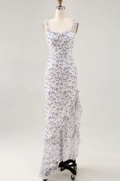 Floral babado bainha estampada azul assimétrico vestido de casamento convidado