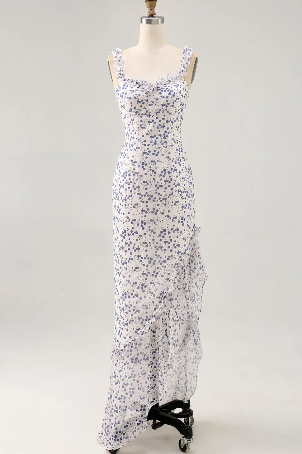 Floral babado bainha estampada azul assimétrico vestido de casamento convidado
