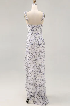 Floral babado bainha estampada azul assimétrico vestido de casamento convidado