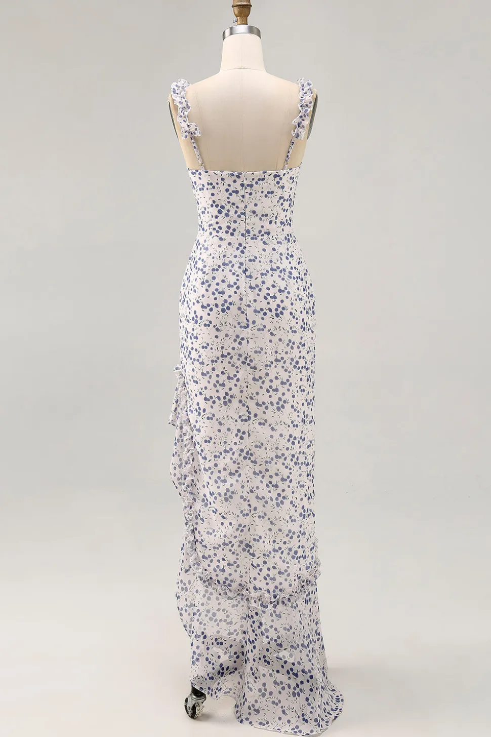 Floral babado bainha estampada azul assimétrico vestido de casamento convidado