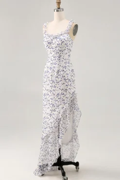 Floral babado bainha estampada azul assimétrico vestido de casamento convidado