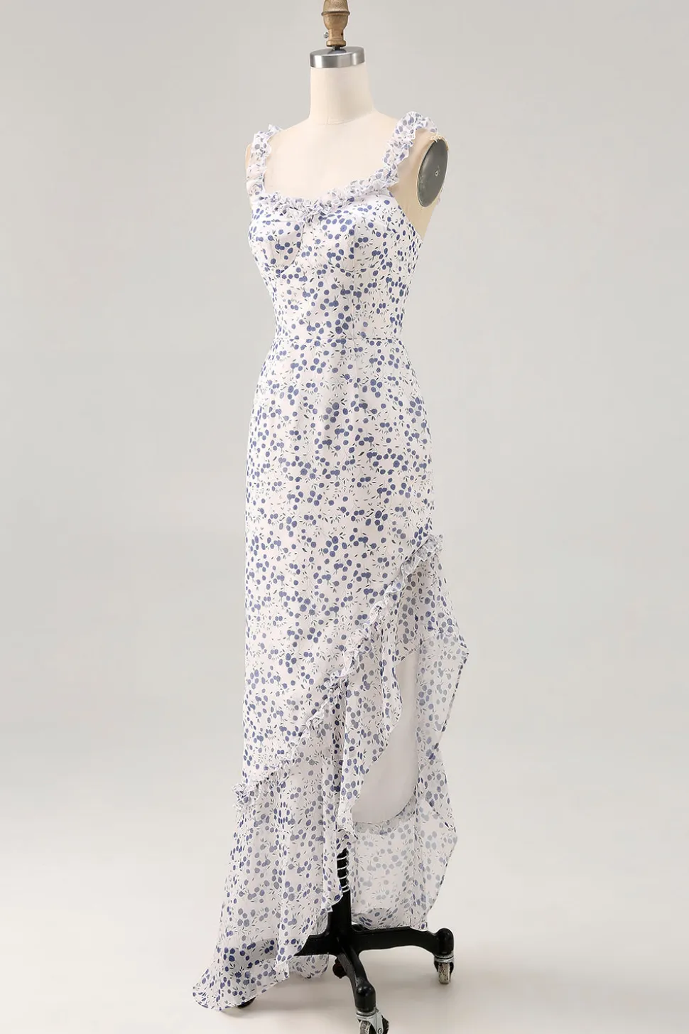 Floral babado bainha estampada azul assimétrico vestido de casamento convidado