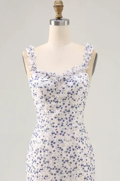 Floral babado bainha estampada azul assimétrico vestido de casamento convidado