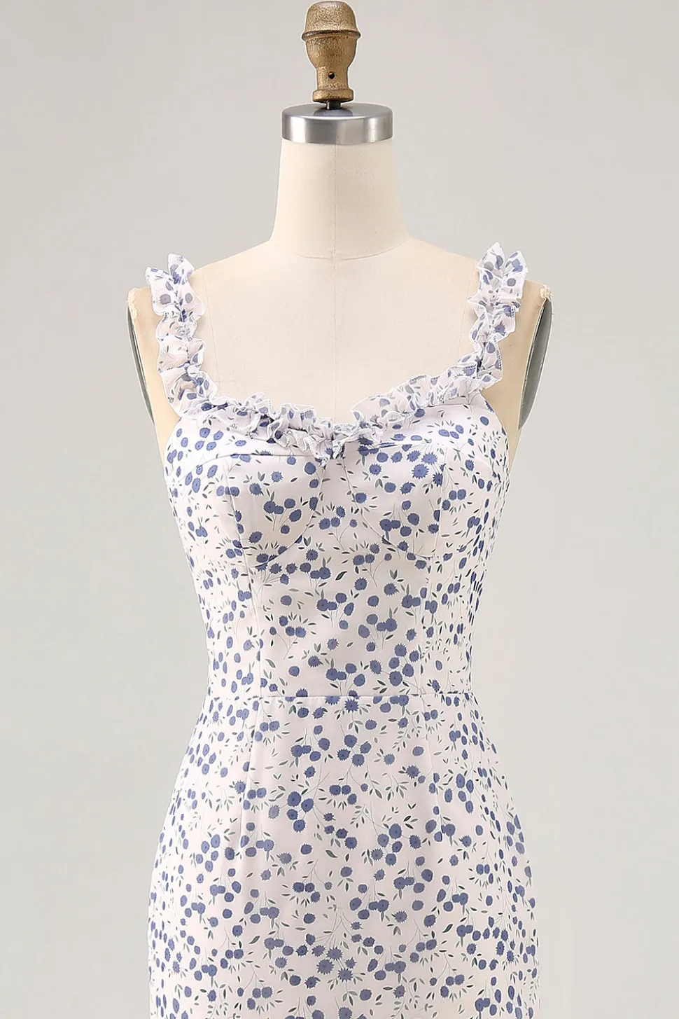 Floral babado bainha estampada azul assimétrico vestido de casamento convidado