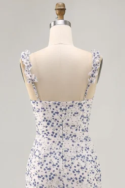 Floral babado bainha estampada azul assimétrico vestido de casamento convidado