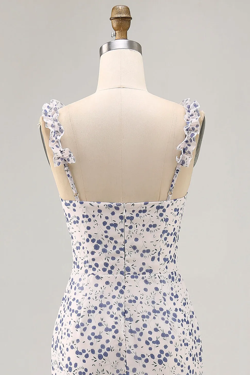 Floral babado bainha estampada azul assimétrico vestido de casamento convidado