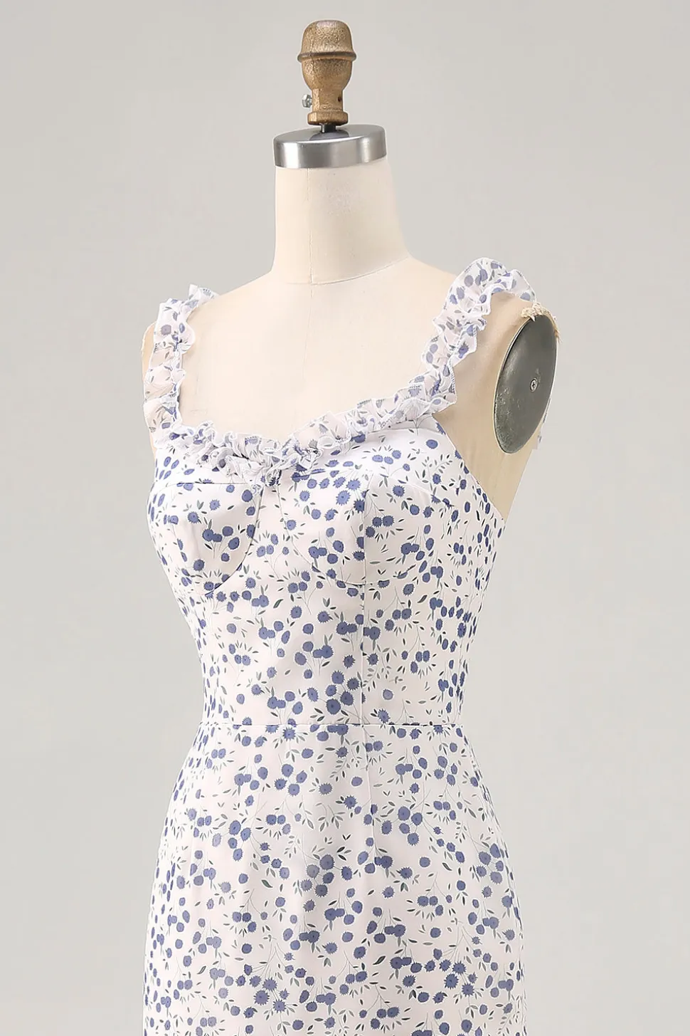 Floral babado bainha estampada azul assimétrico vestido de casamento convidado