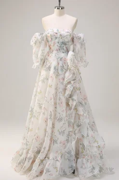 Floral Branco Uma Linha Fora do Ombro Estampa Vestido Floral Longo Baile de Formatura com Folhos Fenda