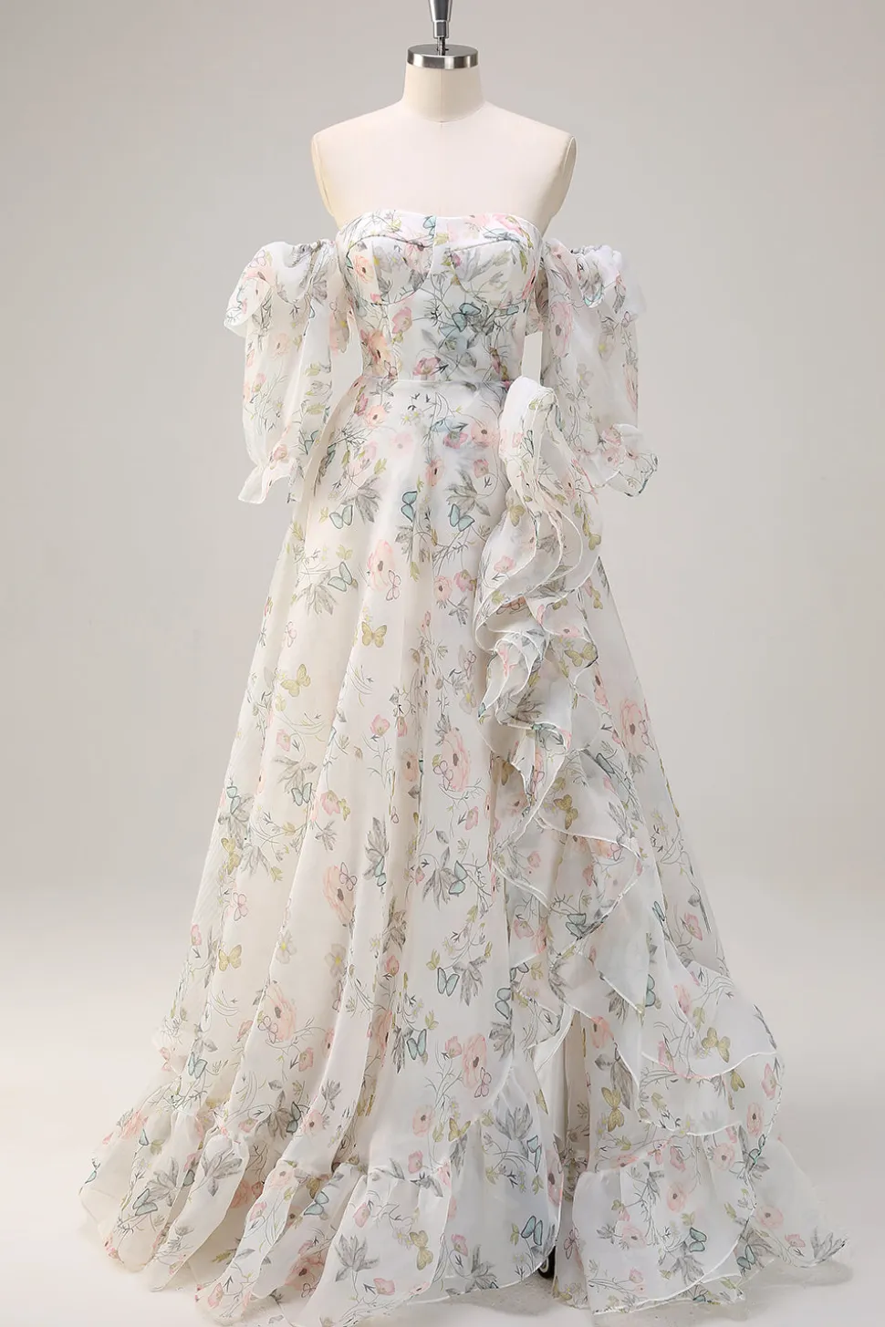 Floral Branco Uma Linha Fora do Ombro Estampa Vestido Floral Longo Baile de Formatura com Folhos Fenda