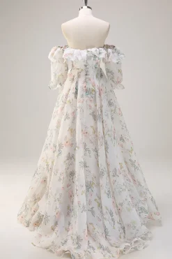 Floral Branco Uma Linha Fora do Ombro Estampa Vestido Floral Longo Baile de Formatura com Folhos Fenda