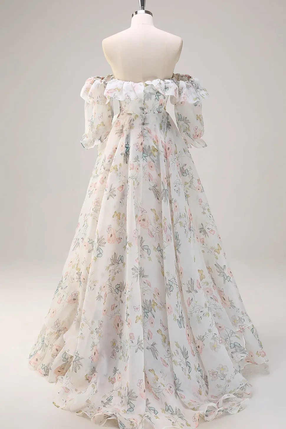 Floral Branco Uma Linha Fora do Ombro Estampa Vestido Floral Longo Baile de Formatura com Folhos Fenda