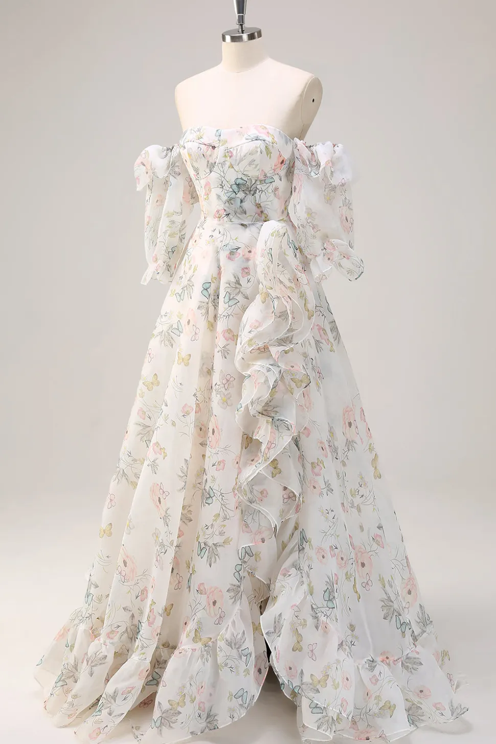 Floral Branco Uma Linha Fora do Ombro Estampa Vestido Floral Longo Baile de Formatura com Folhos Fenda