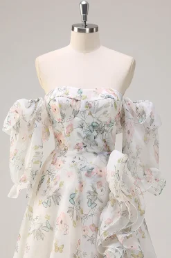 Floral Branco Uma Linha Fora do Ombro Estampa Vestido Floral Longo Baile de Formatura com Folhos Fenda