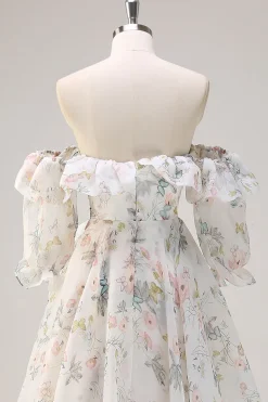 Floral Branco Uma Linha Fora do Ombro Estampa Vestido Floral Longo Baile de Formatura com Folhos Fenda