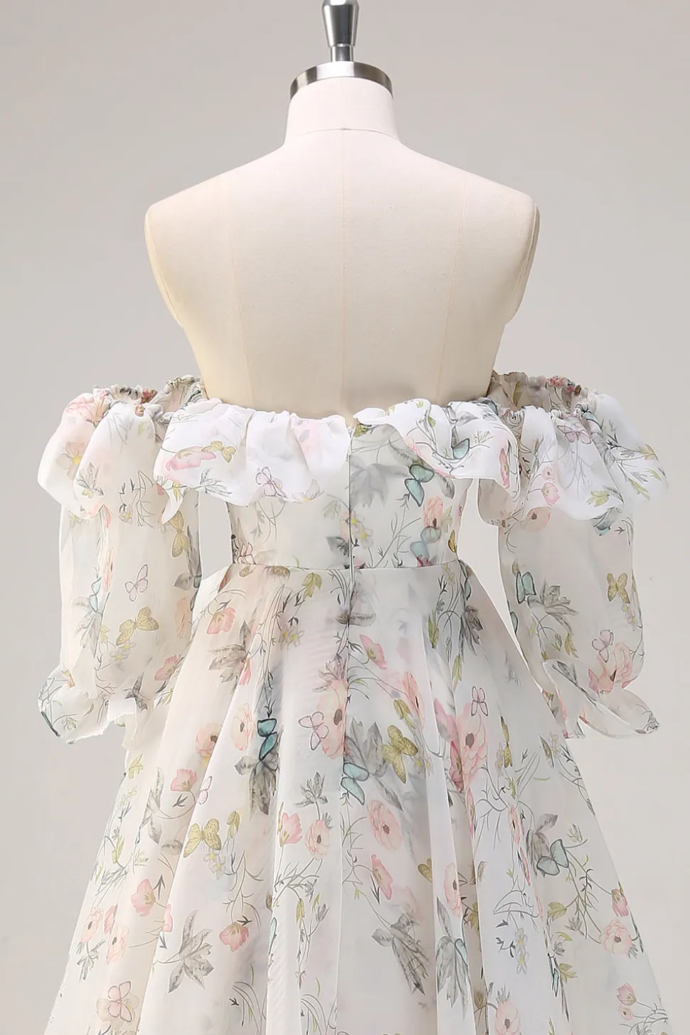 Floral Branco Uma Linha Fora do Ombro Estampa Vestido Floral Longo Baile de Formatura com Folhos Fenda