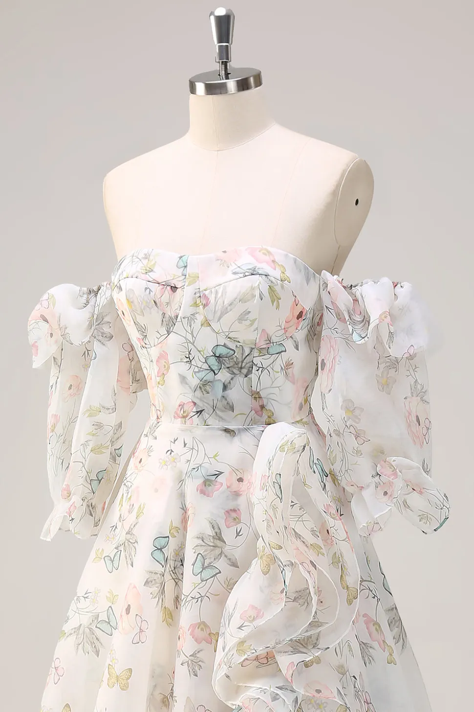 Floral Branco Uma Linha Fora do Ombro Estampa Vestido Floral Longo Baile de Formatura com Folhos Fenda