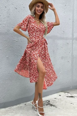 Floral Decote em V Vermelho Vestido Verão com Fenda
