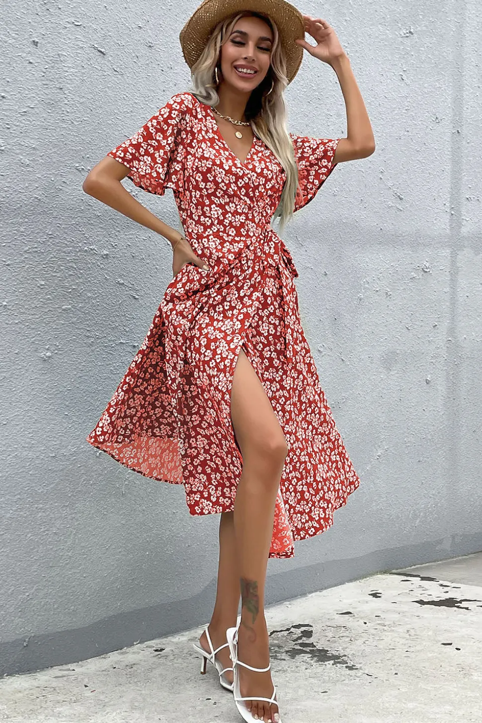 Floral Decote em V Vermelho Vestido Verão com Fenda