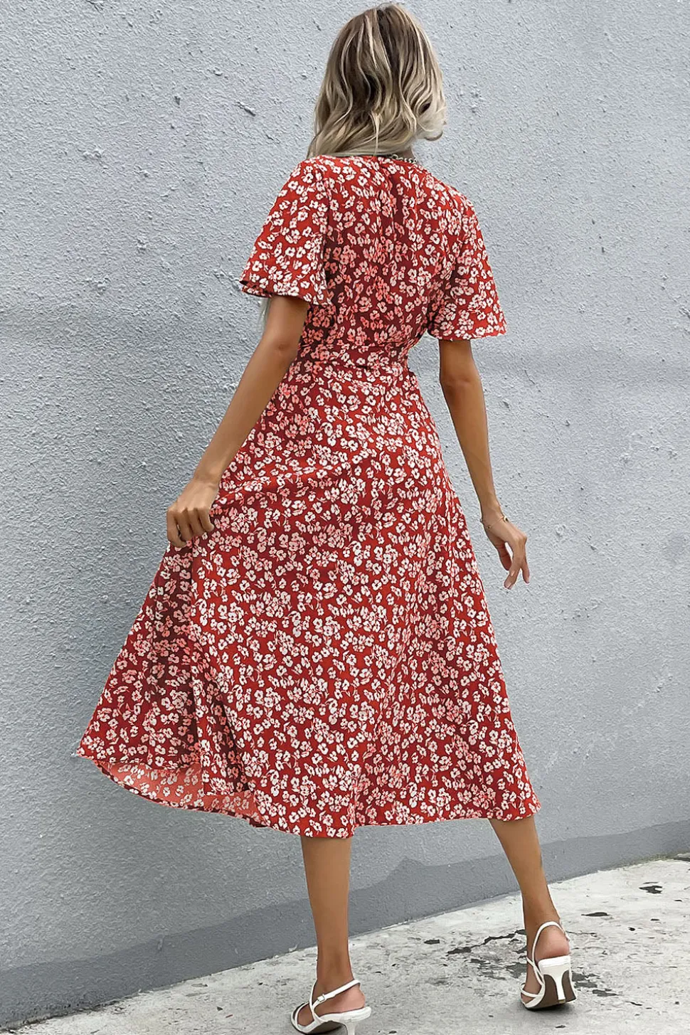 Floral Decote em V Vermelho Vestido Verão com Fenda