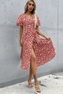 Floral Decote em V Vermelho Vestido Verão com Fenda