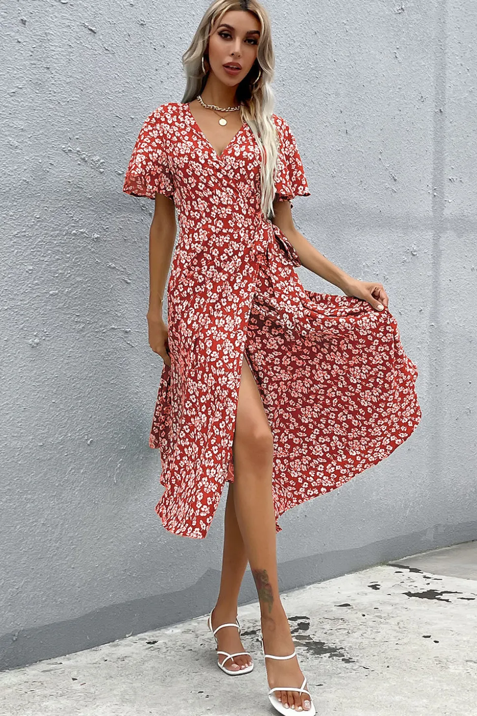 Floral Decote em V Vermelho Vestido Verão com Fenda