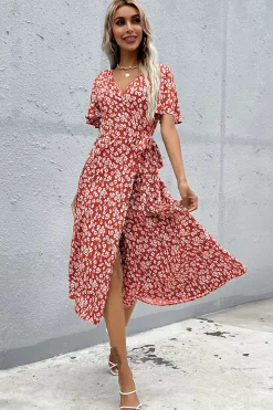 Floral Decote em V Vermelho Vestido Verão com Fenda