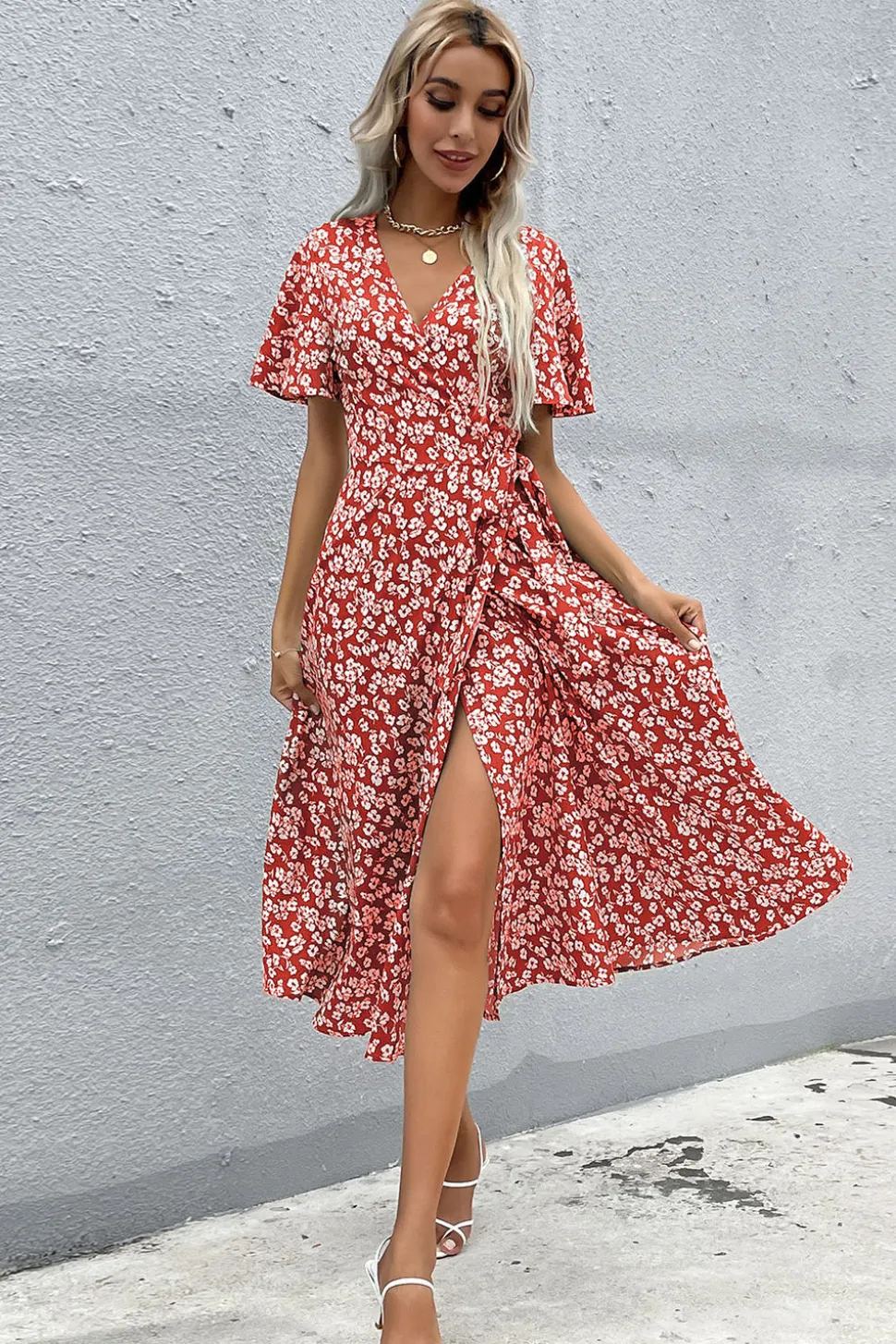 Floral Decote em V Vermelho Vestido Verão com Fenda