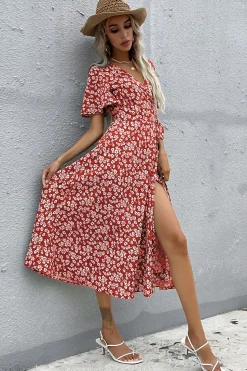 Floral Decote em V Vermelho Vestido Verão com Fenda