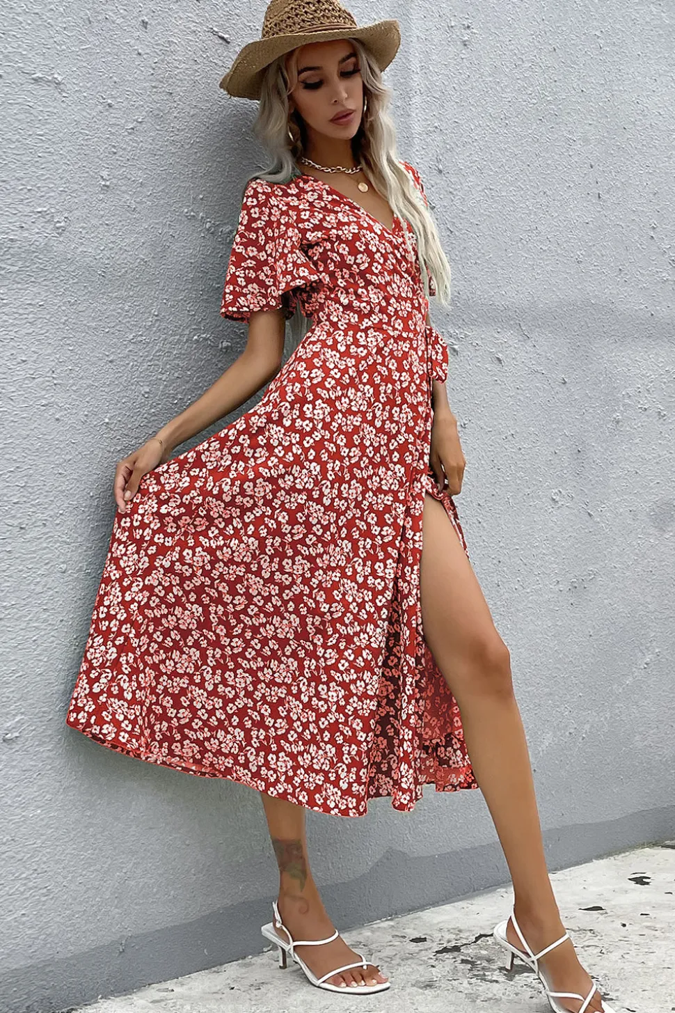 Floral Decote em V Vermelho Vestido Verão com Fenda
