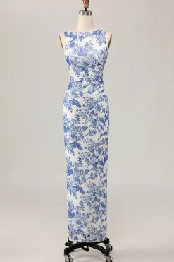 Floral estampado bodycon branco azul longo vestido de casamento convidado