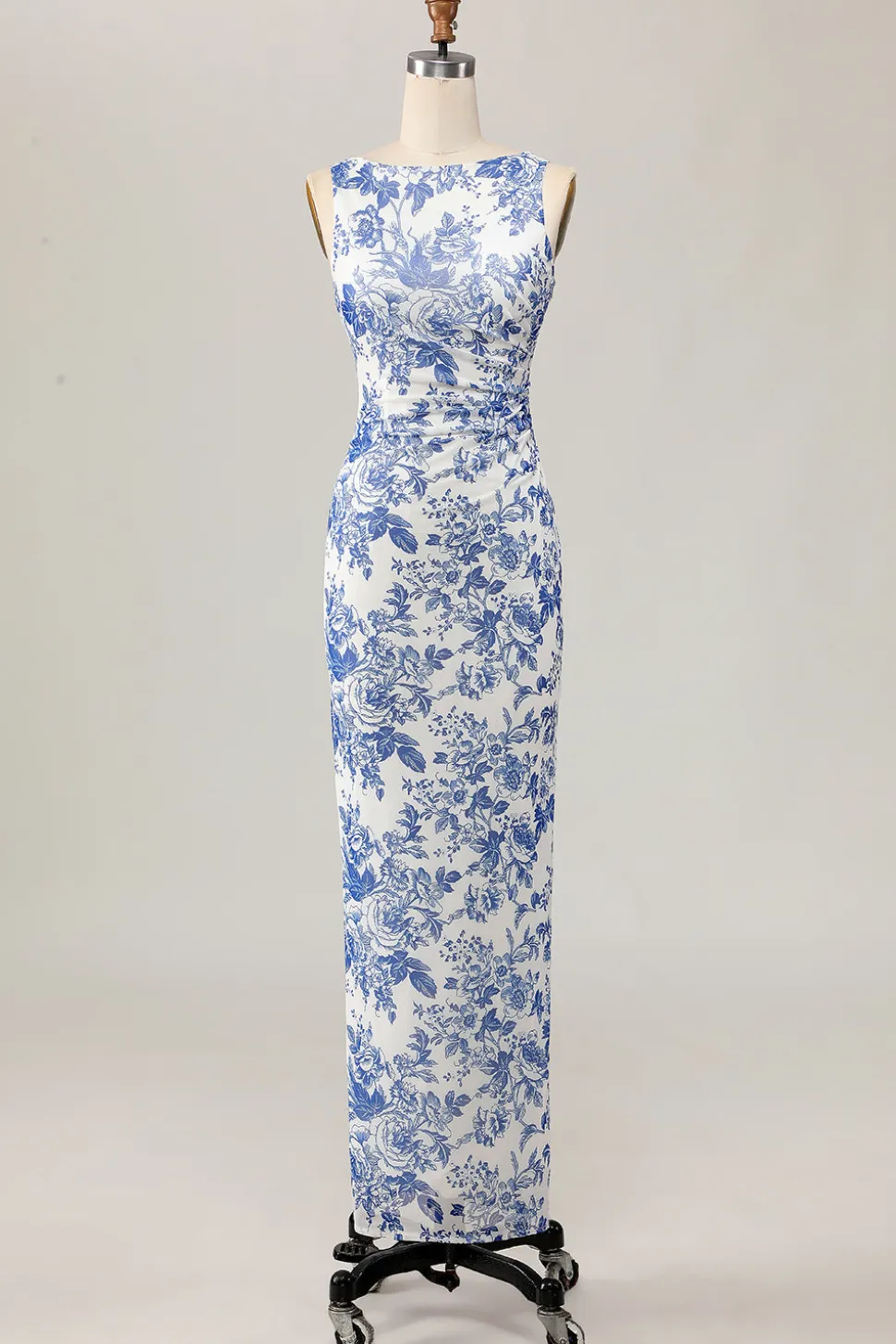 Floral estampado bodycon branco azul longo vestido de casamento convidado
