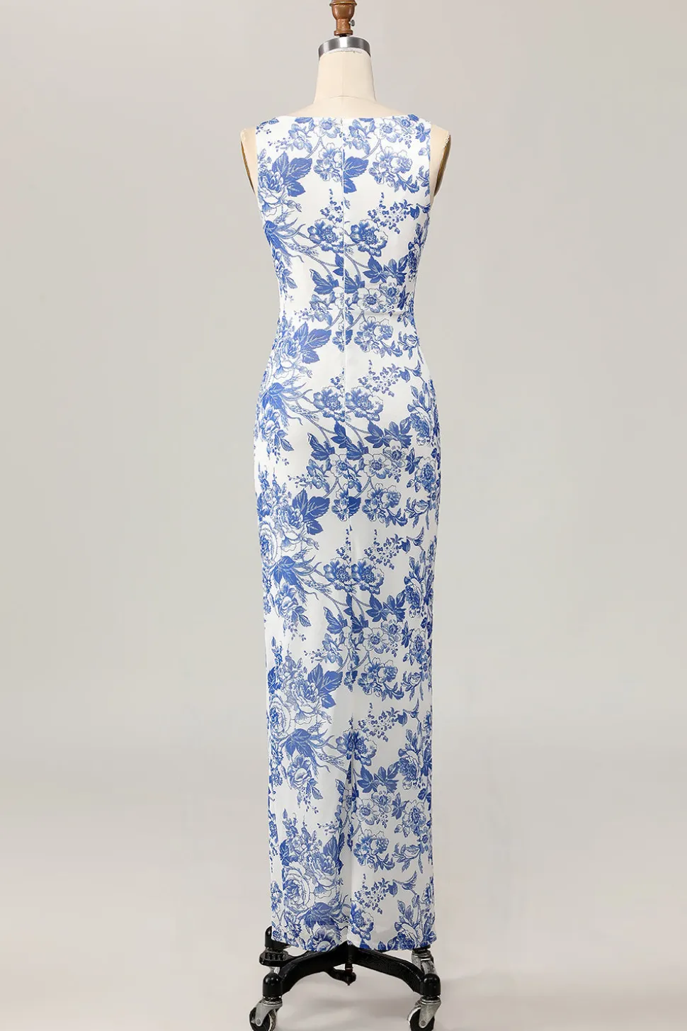 Floral estampado bodycon branco azul longo vestido de casamento convidado