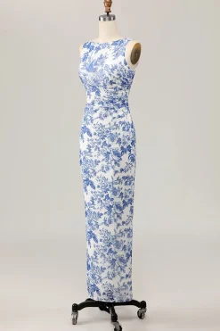 Floral estampado bodycon branco azul longo vestido de casamento convidado