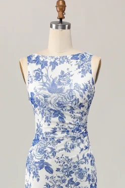 Floral estampado bodycon branco azul longo vestido de casamento convidado