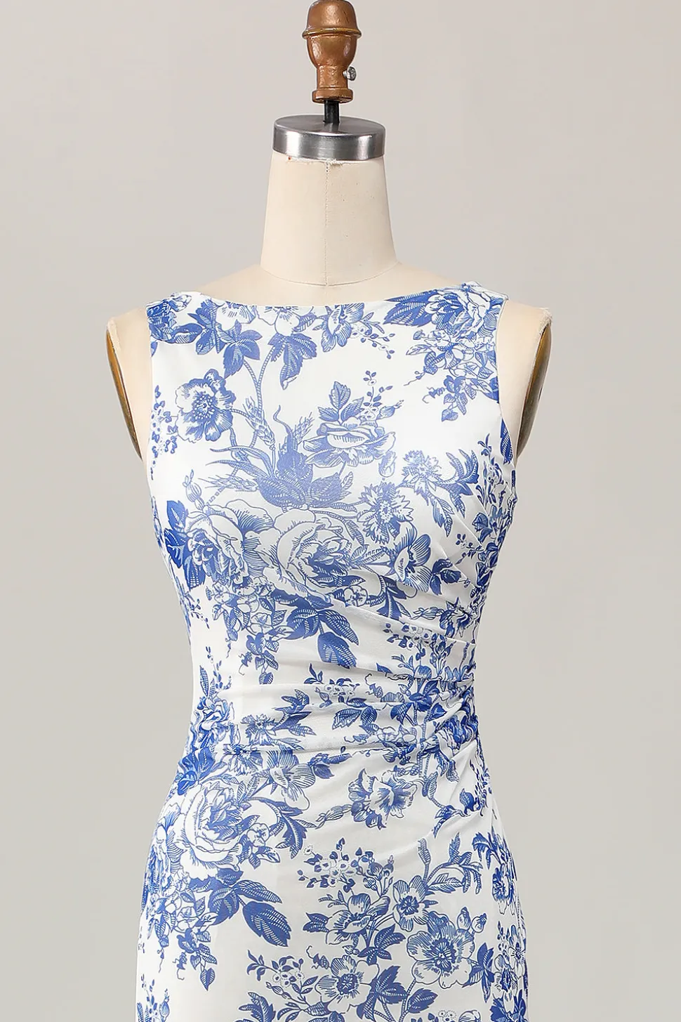 Floral estampado bodycon branco azul longo vestido de casamento convidado