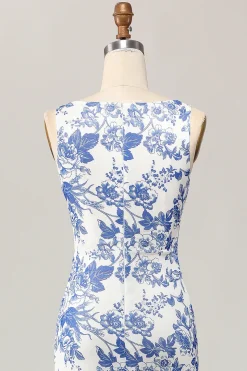 Floral estampado bodycon branco azul longo vestido de casamento convidado