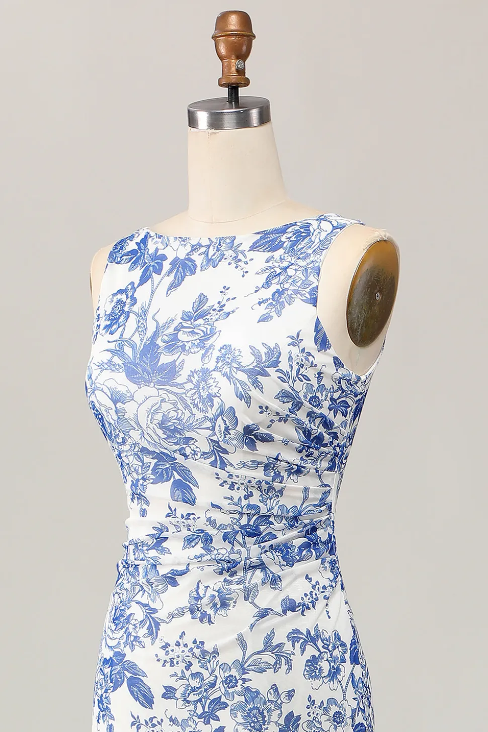 Floral estampado bodycon branco azul longo vestido de casamento convidado