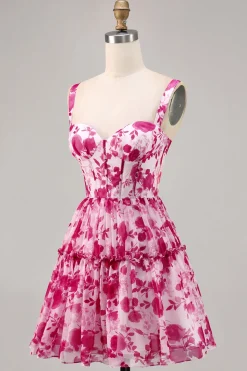 Floral Fuchsia Corset Impresso Uma Linha Homecoming Dress
