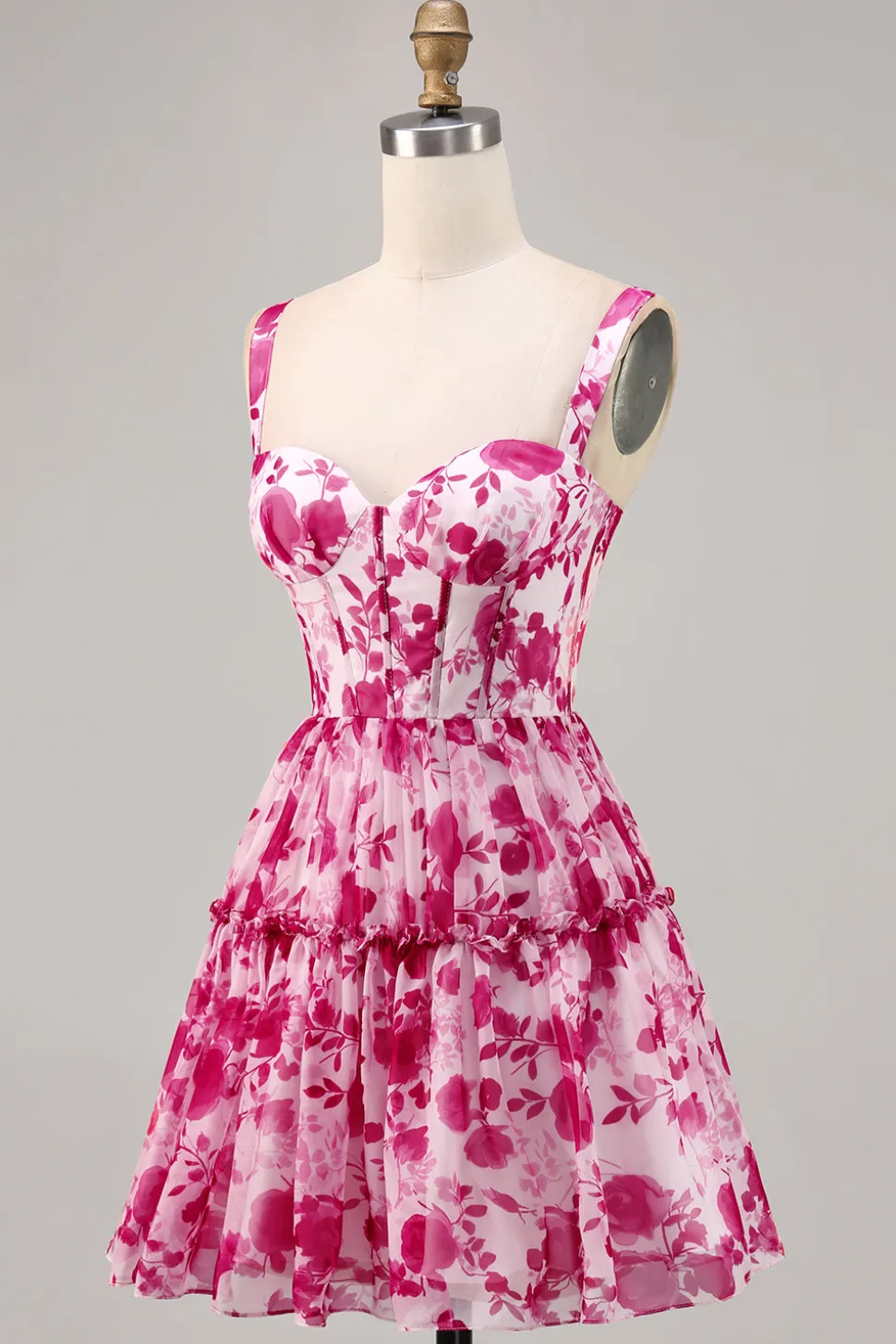Floral Fuchsia Corset Impresso Uma Linha Homecoming Dress