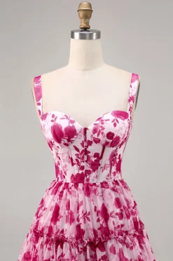 Floral Fuchsia Corset Impresso Uma Linha Homecoming Dress