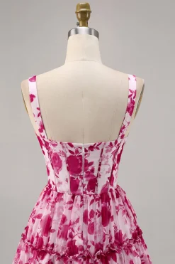 Floral Fuchsia Corset Impresso Uma Linha Homecoming Dress