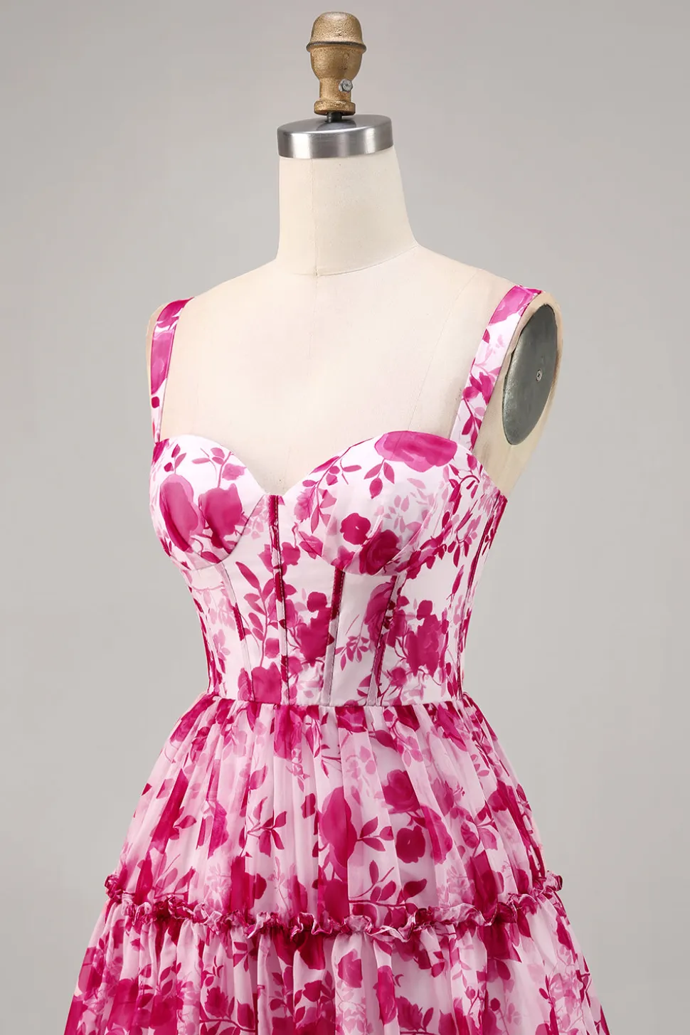 Floral Fuchsia Corset Impresso Uma Linha Homecoming Dress