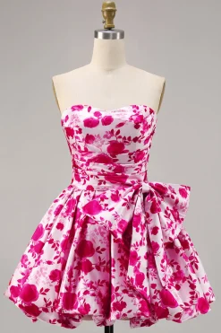 Floral Fuchsia Strapless Uma linha Homecoming Dress com arco