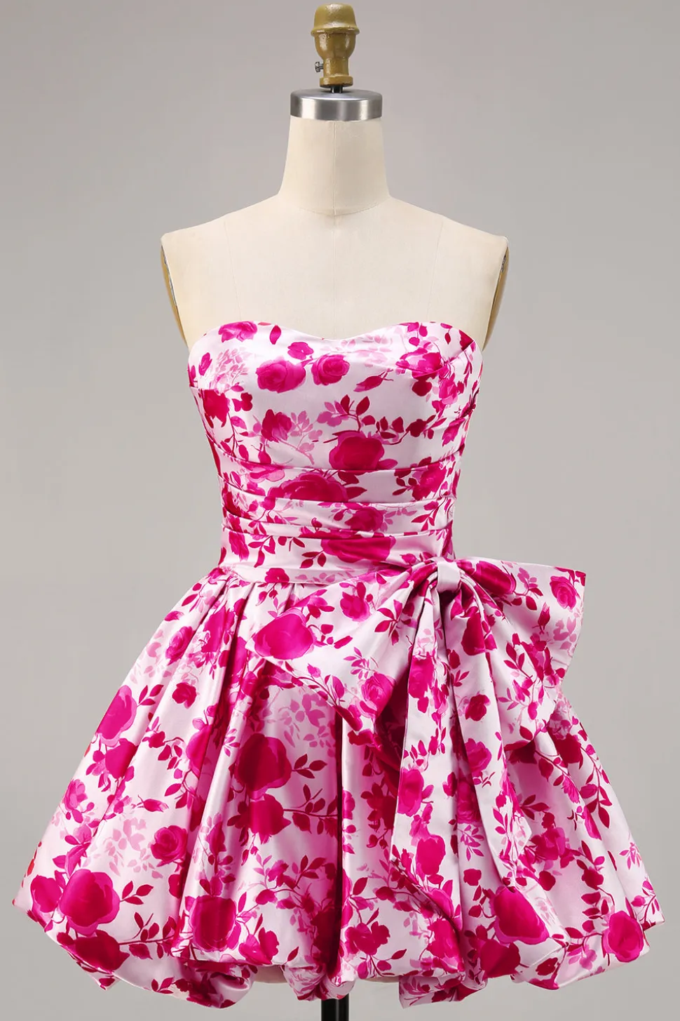 Floral Fuchsia Strapless Uma linha Homecoming Dress com arco