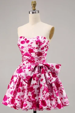 Floral Fuchsia Strapless Uma linha Homecoming Dress com arco
