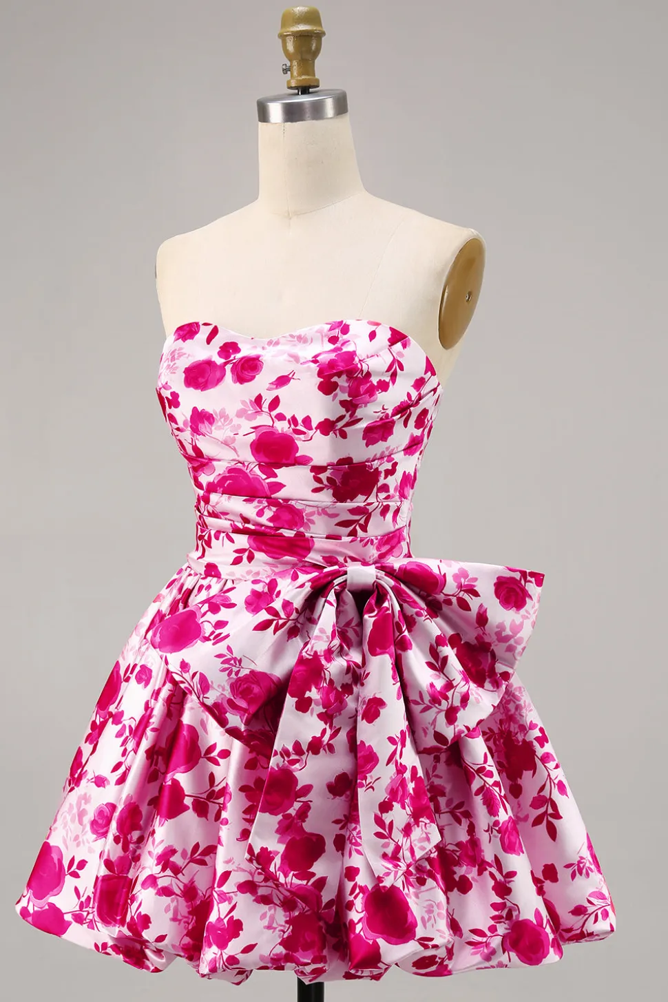 Floral Fuchsia Strapless Uma linha Homecoming Dress com arco