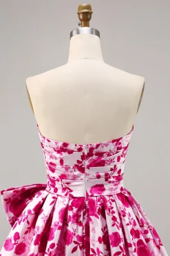 Floral Fuchsia Strapless Uma linha Homecoming Dress com arco